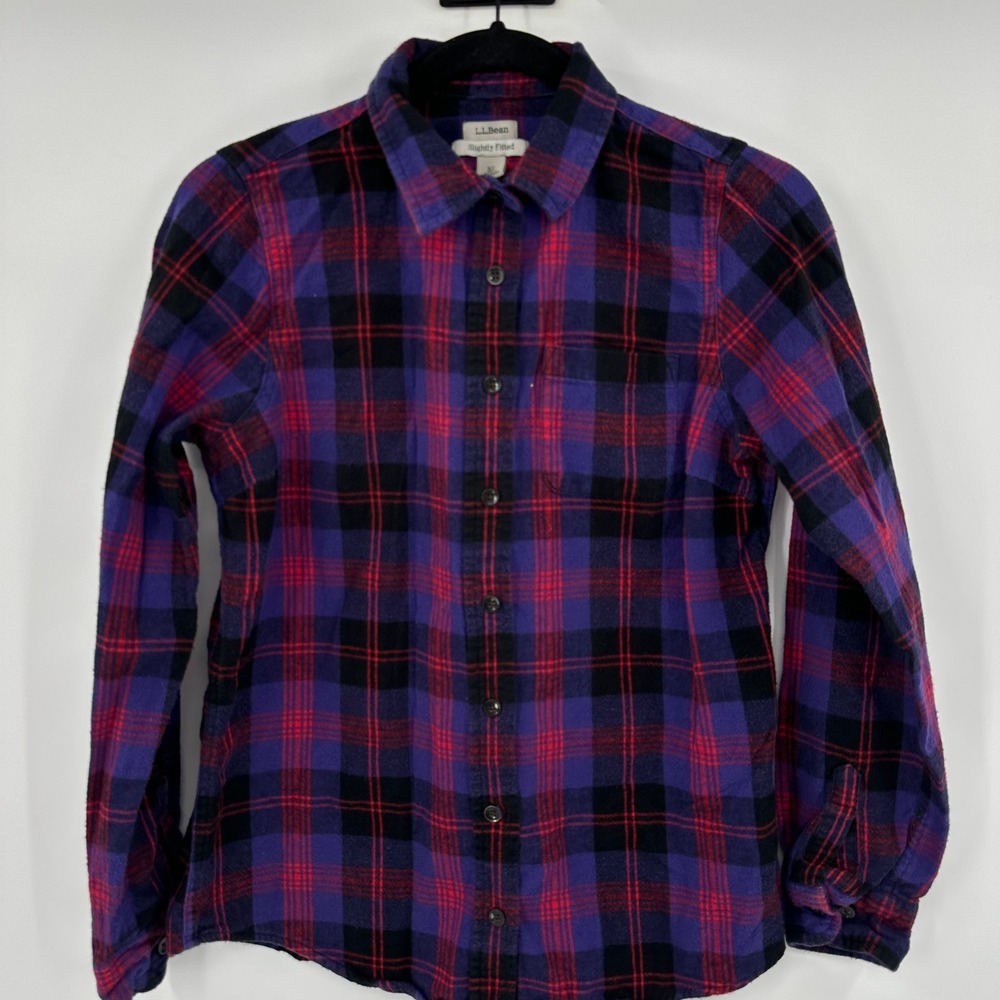 LLBean Womens Plaid Flannel Shirt Long Sleeve Slightly Fitted Purple Red XS